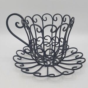 Black Metal Tea Coffee Cup Basket Planter Whimsical Scroll Pod Holder